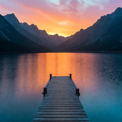 Sunset over mountain lake pier