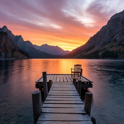 Sunset over lake with dock and chair