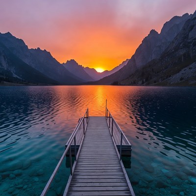 Sunset over the mountain lake