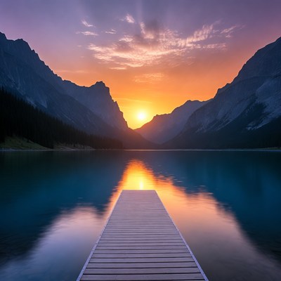 Sunset over still water at dock