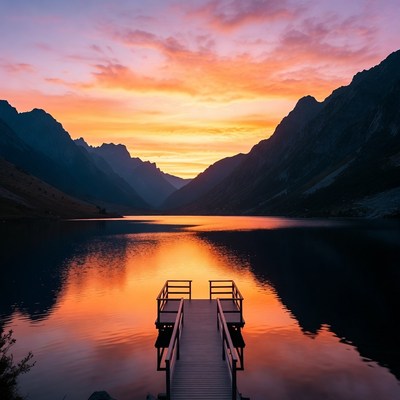Sunset over mountain lake