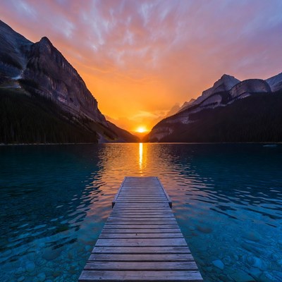 Sunset over the lake at the dock