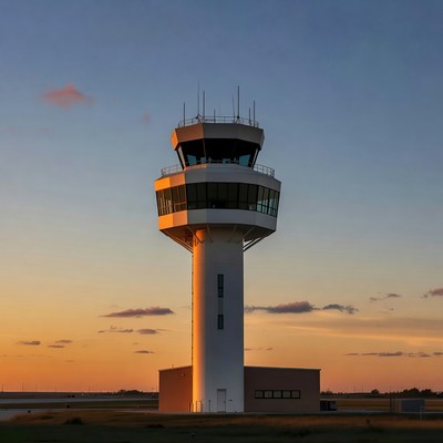 Control tower at sunset