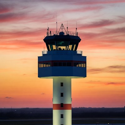 Control tower at sunset over airport