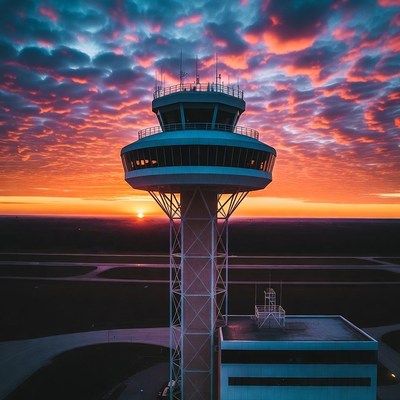 Sunset over airport control tower