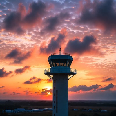 Sunset at the airport control tower