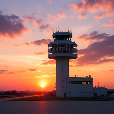 Sunset at airport control tower