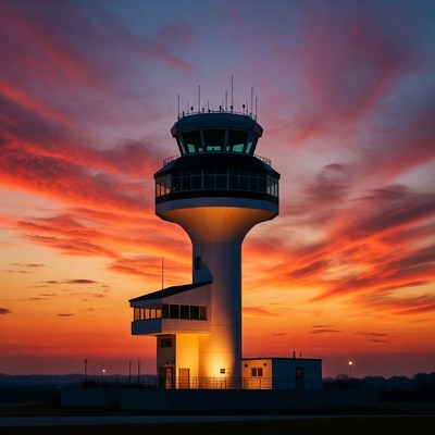 Sunset at the airport control tower