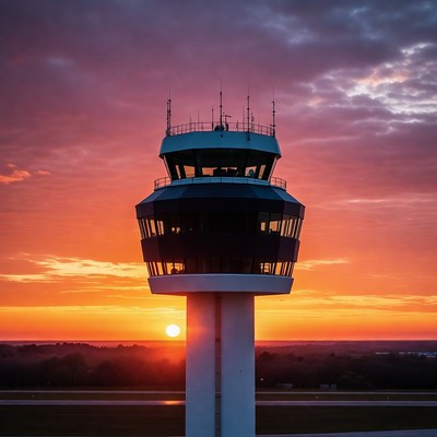 Sunset over airport control tower