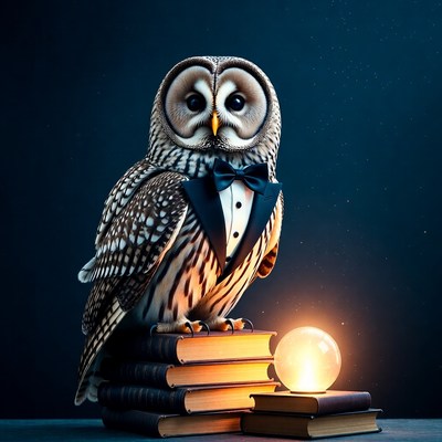 Owl in tuxedo on books