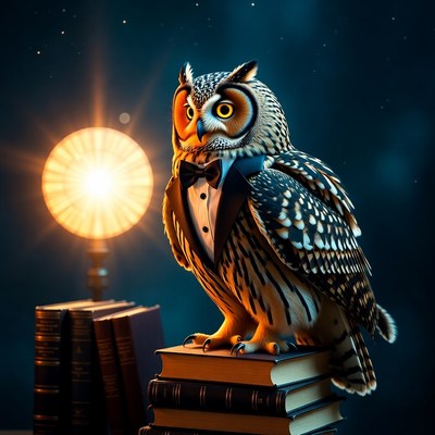 Owl in a tuxedo on books