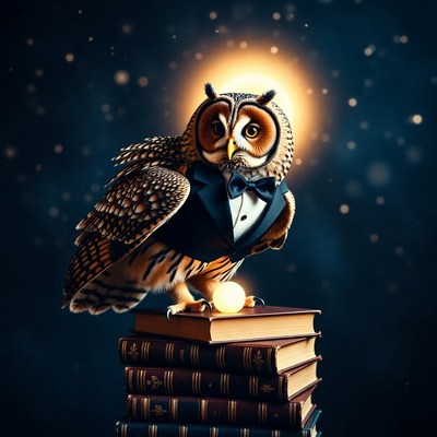 Owl in tuxedo with books at night