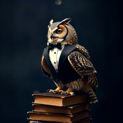 Owl in tuxedo on books
