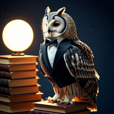 Owl wearing tuxedo by lamp