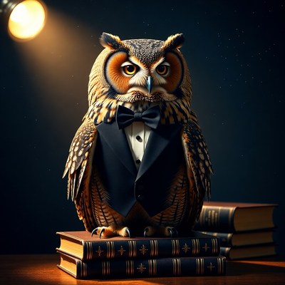 Owl in tuxedo on books