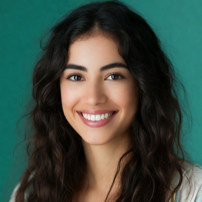 Smiling woman with dark hair on green background