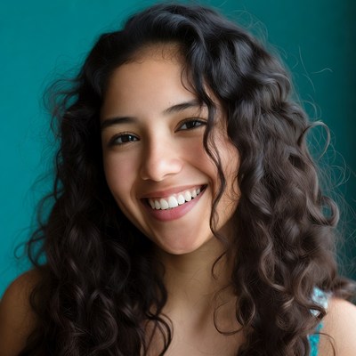 Smiling person with curly hair indoors