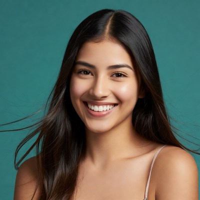 Smiling woman in front of teal background