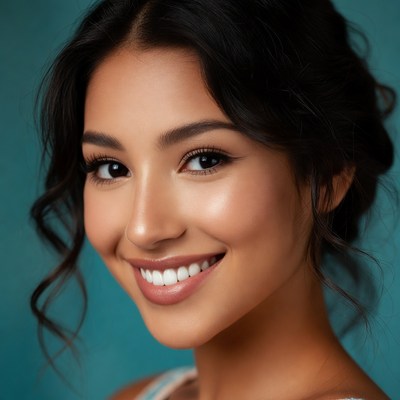 Smiling woman with dark hair and blue background