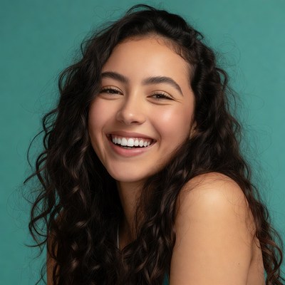 Smiling woman with curly hair indoors