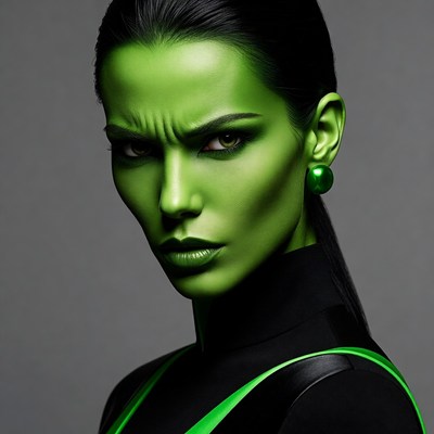 Model with green face paint poses for camera