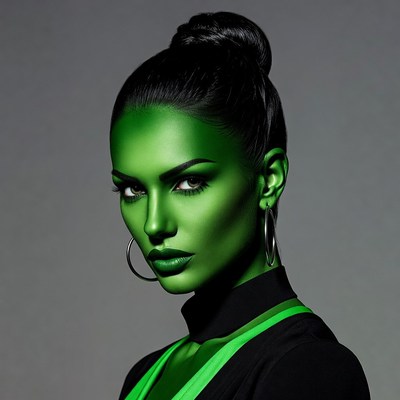 Woman with green body paint poses