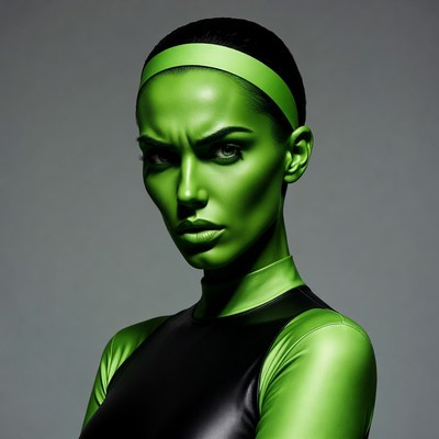 Model with green face paint poses confidently