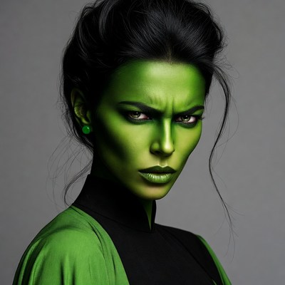 Model with green makeup in studio