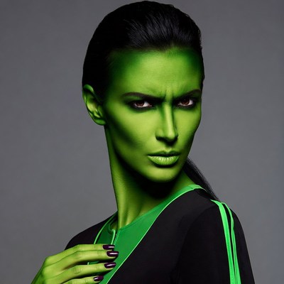 Model in green body paint posing