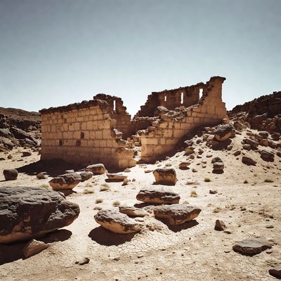 Ruins in desert landscape under clear sky