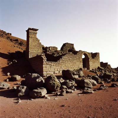 Ruins on rocky landscape in sunlight