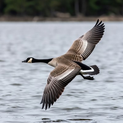Canada goose in flight over water