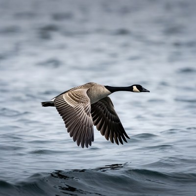 Goose flying over a lake