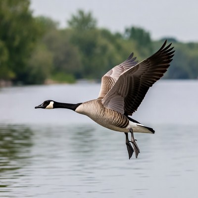 Goose flying over calm water