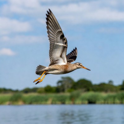 Bird flies over water in bright sky