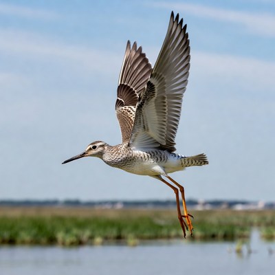 Bird flying above wetlands in daylight