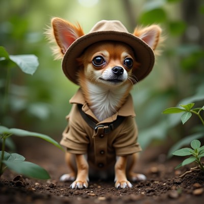 Chihuahua in explorer outfit in forest