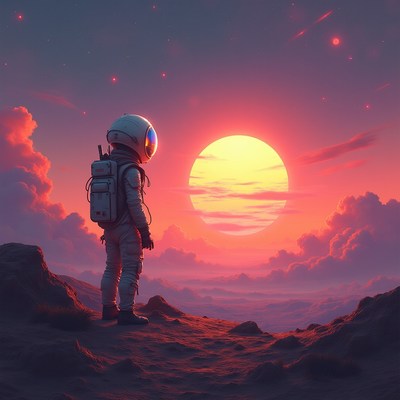 Astronaut watches sunset on alien world