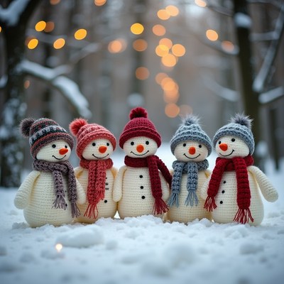 Snowmen in winter scene with lights