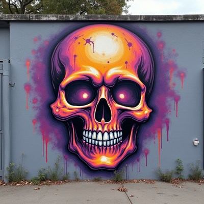 Skull mural on building wall
