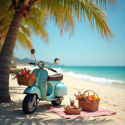 Vintage scooter at sandy beach setting