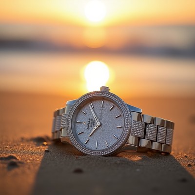 Watch on sandy beach at sunset