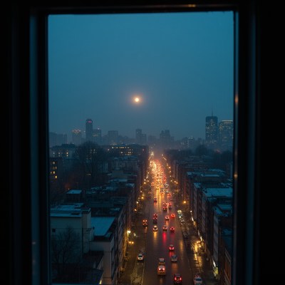 City skyline at night with moon