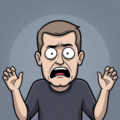 Man shows fear with hands raised during surprise