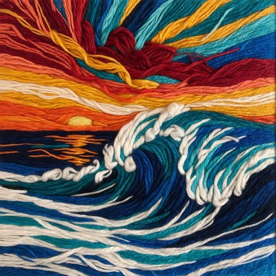 Colorful wave and sunset embroidery art