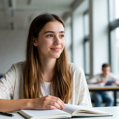 Student smiling in classroom setting