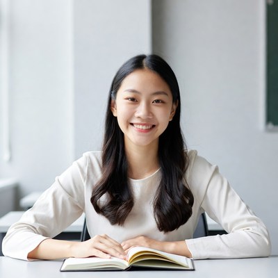 Young girl smiling at desk