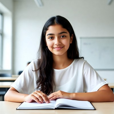 Student studying at desk in classroom