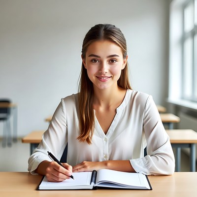 Student writing in classroom setting