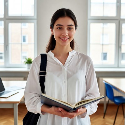 Young woman holds book in classroom
